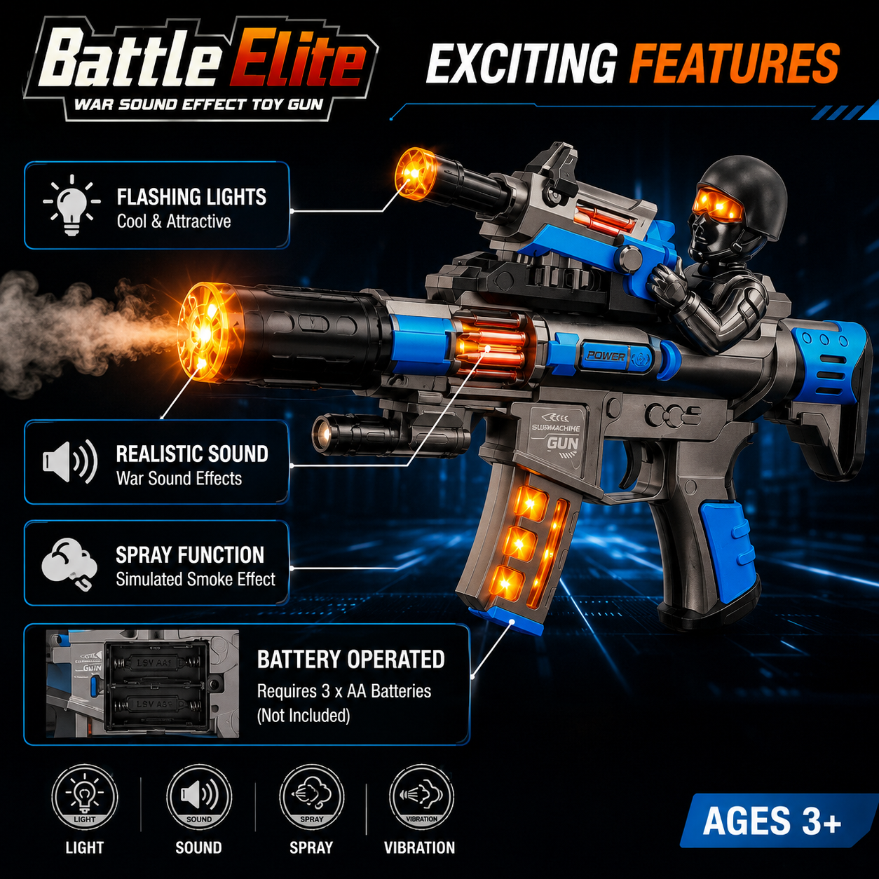 Battle Elite 8033 Battery-Operated Toy Gun with Spray, Lights, Music & Sound Effects for Kids - Image 8
