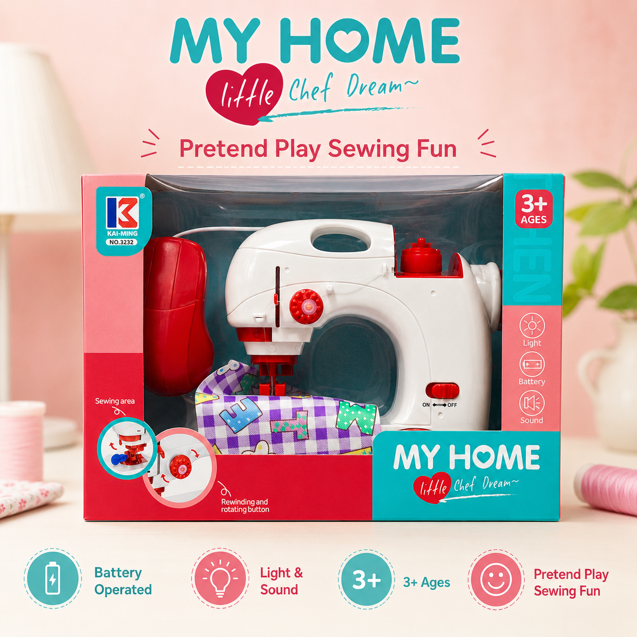 Kai-Ming 3232 Kids Battery-Operated Toy Sewing Machine with Light and Sound – Ages 3+ - Image 7