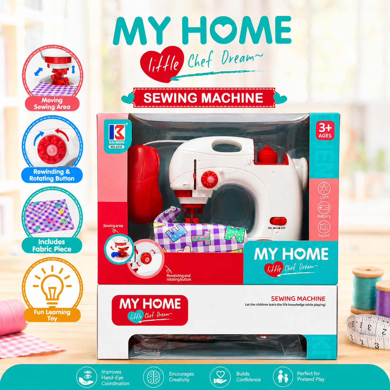 Kai-Ming 3232 Kids Battery-Operated Toy Sewing Machine with Light and Sound – Ages 3+ - Image 8