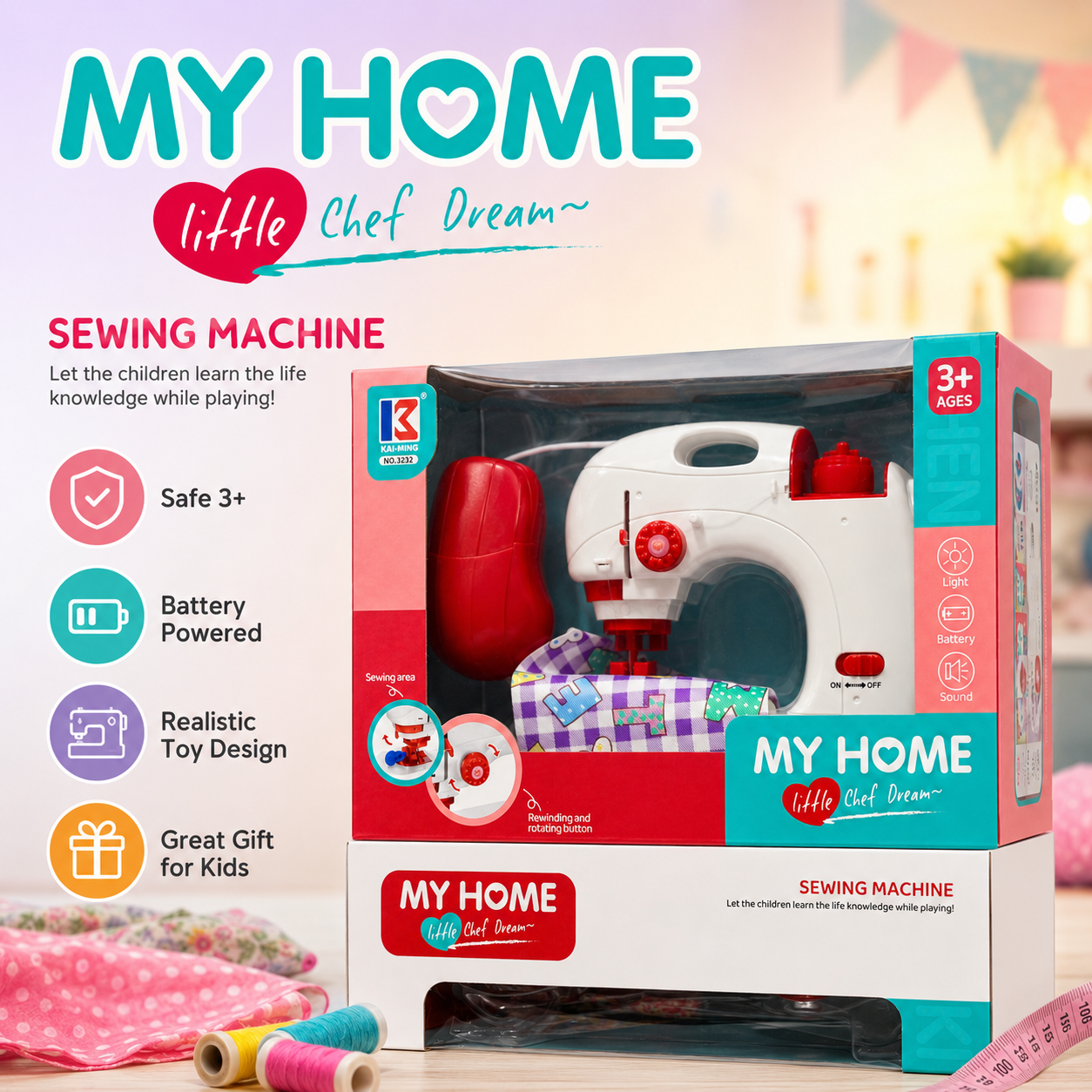 Kai-Ming 3232 Kids Battery-Operated Toy Sewing Machine with Light and Sound – Ages 3+ - Image 6