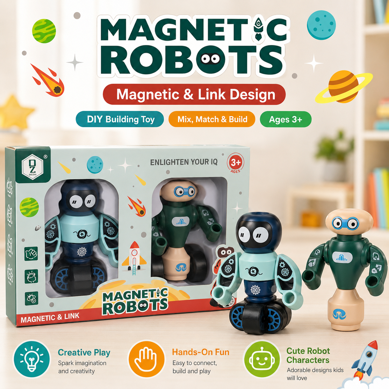 Dezhi Magnetic Robots DIY Building Toy Set for Kids – 2 Connectable Robot Figures, HD363A, Ages 3+ - Image 10