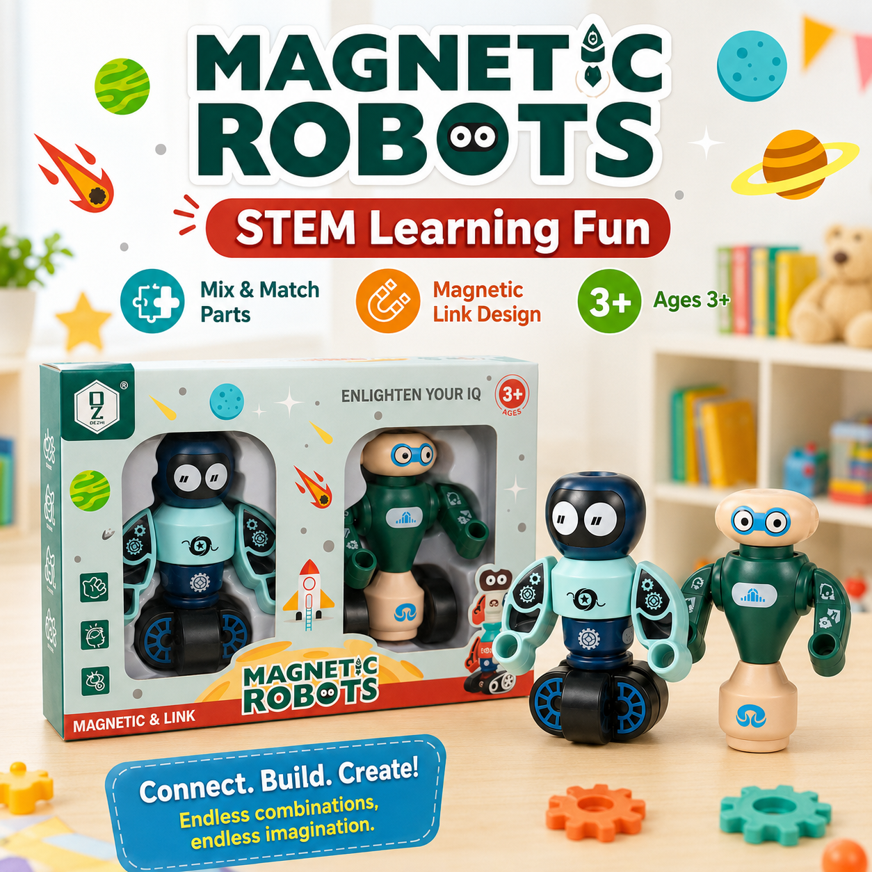 Dezhi Magnetic Robots DIY Building Toy Set for Kids – 2 Connectable Robot Figures, HD363A, Ages 3+ - Image 8