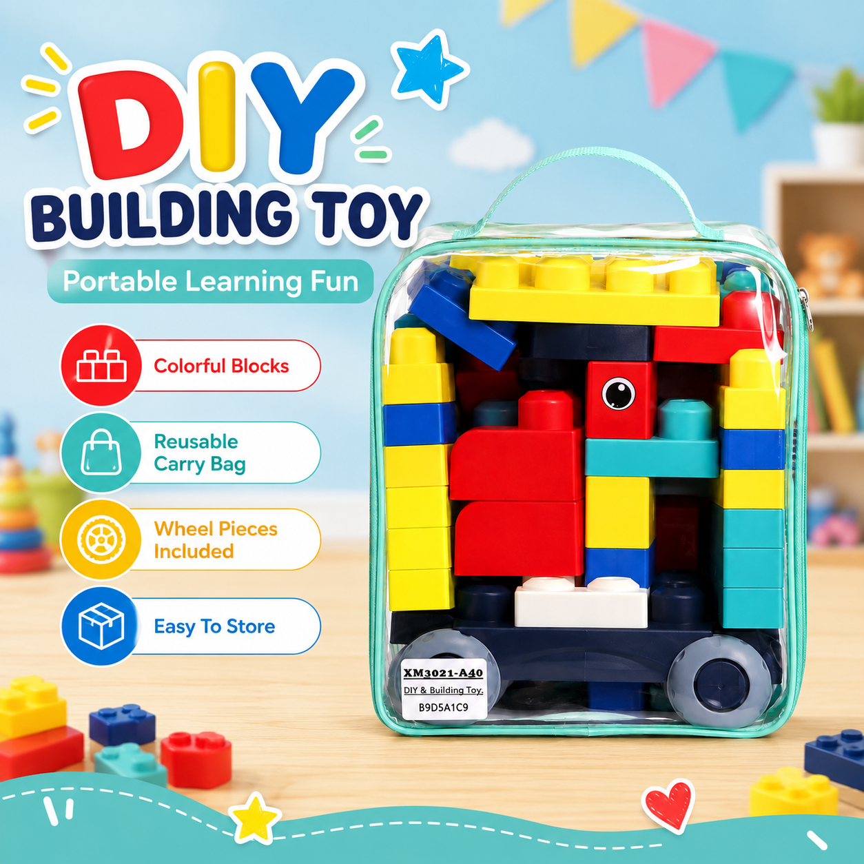 Kids DIY Building Blocks Set with Wheels and Storage Bag – Colourful Construction Toy - Image 7