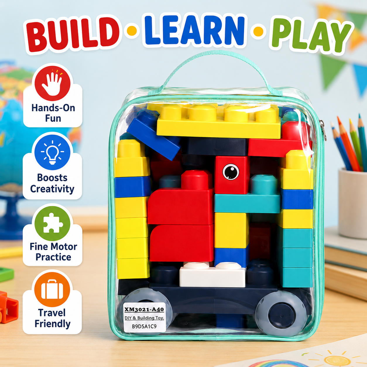 Kids DIY Building Blocks Set with Wheels and Storage Bag – Colourful Construction Toy - Image 6