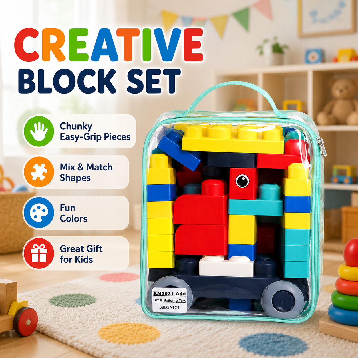 Kids DIY Building Blocks Set with Wheels and Storage Bag – Colourful Construction Toy - Image 5