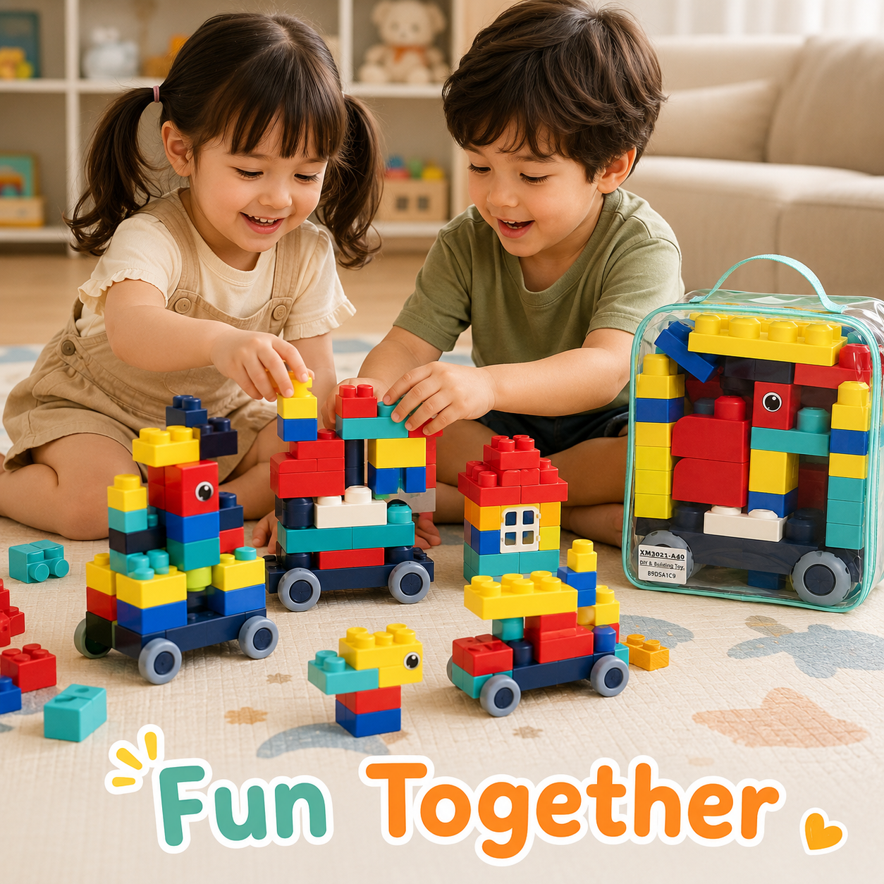 Kids DIY Building Blocks Set with Wheels and Storage Bag – Colourful Construction Toy - Image 4