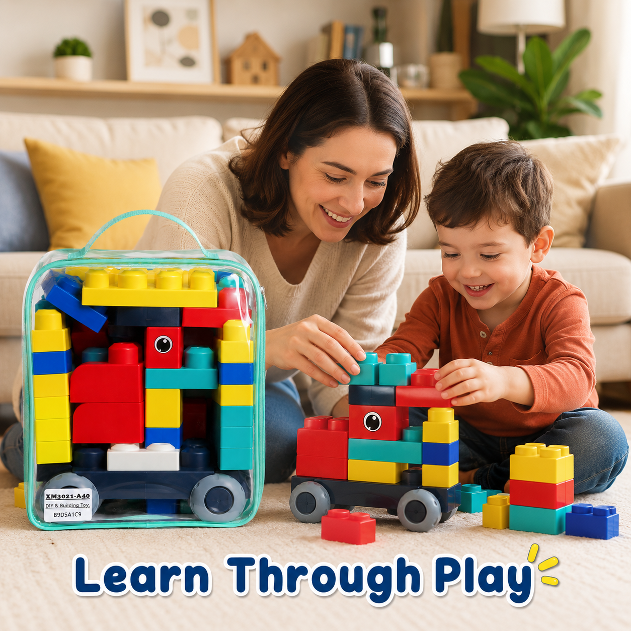 Kids DIY Building Blocks Set with Wheels and Storage Bag – Colourful Construction Toy - Image 3