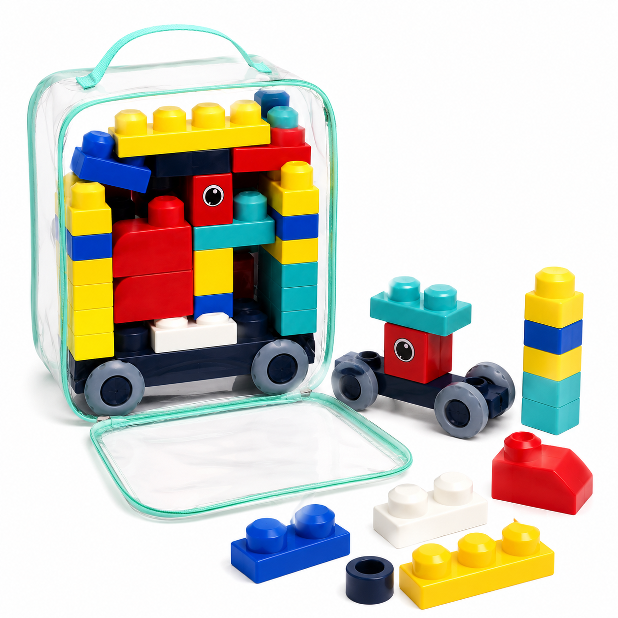 Kids DIY Building Blocks Set with Wheels and Storage Bag – Colourful Construction Toy