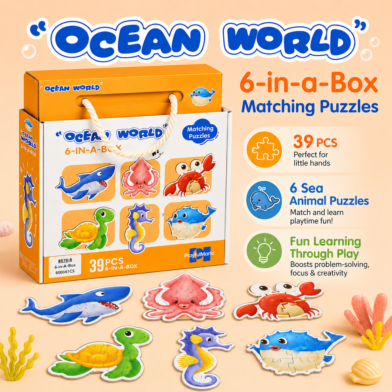 Ocean World 6-in-1 Matching Puzzle Set for Kids – 39-Piece Sea Animal Educational Jigsaw Puzzles in Storage Box - Image 8