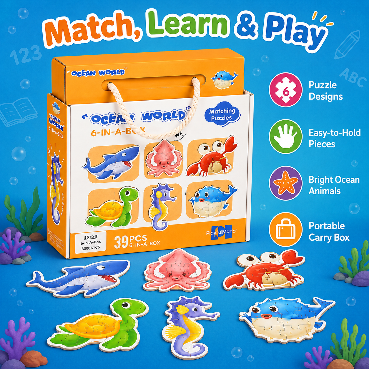 Ocean World 6-in-1 Matching Puzzle Set for Kids – 39-Piece Sea Animal Educational Jigsaw Puzzles in Storage Box - Image 7
