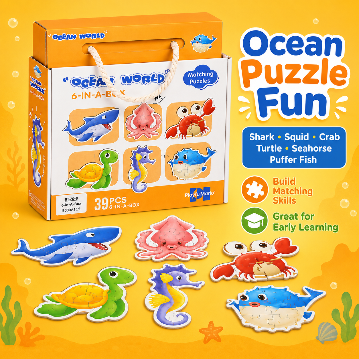 Ocean World 6-in-1 Matching Puzzle Set for Kids – 39-Piece Sea Animal Educational Jigsaw Puzzles in Storage Box - Image 5