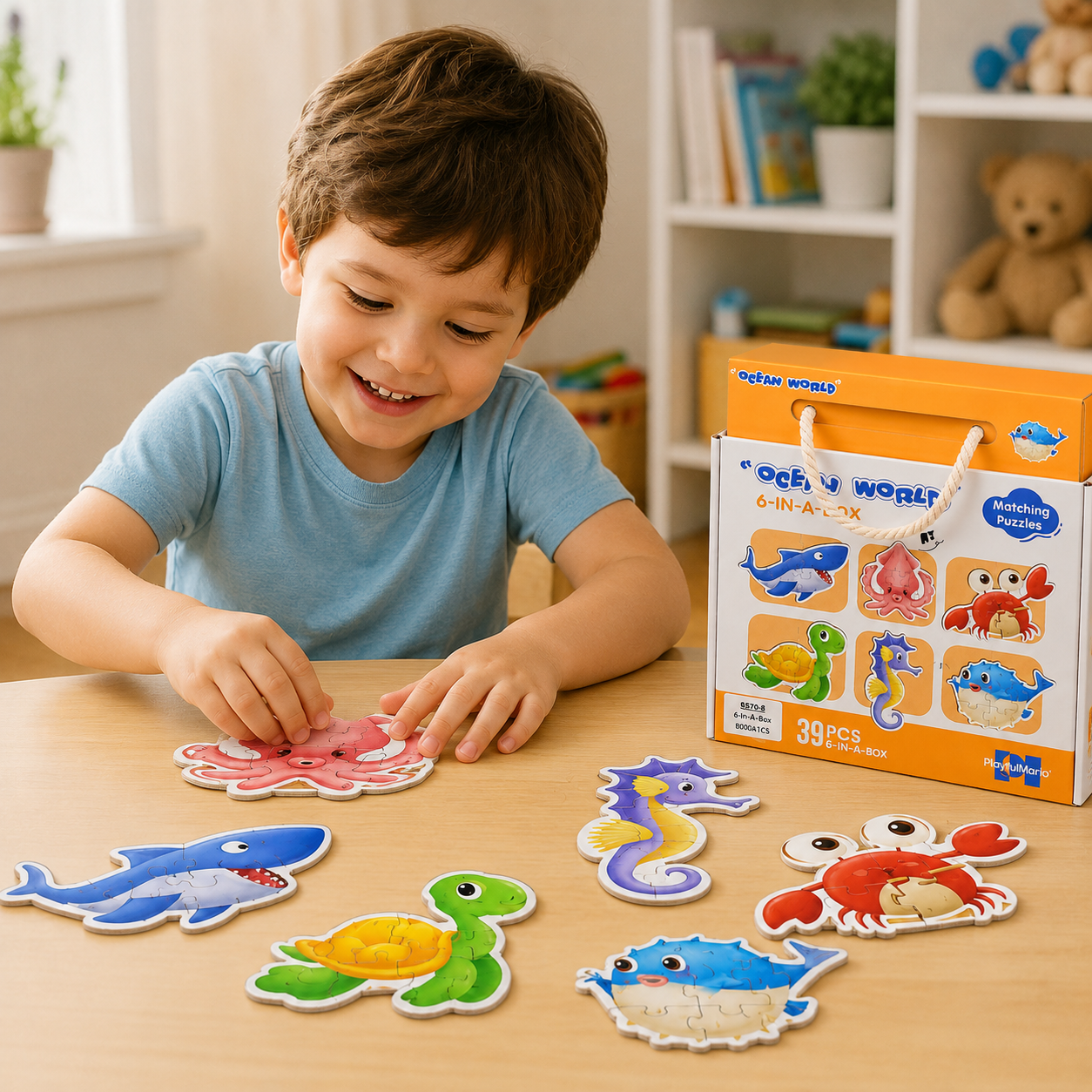 Ocean World 6-in-1 Matching Puzzle Set for Kids – 39-Piece Sea Animal Educational Jigsaw Puzzles in Storage Box - Image 6