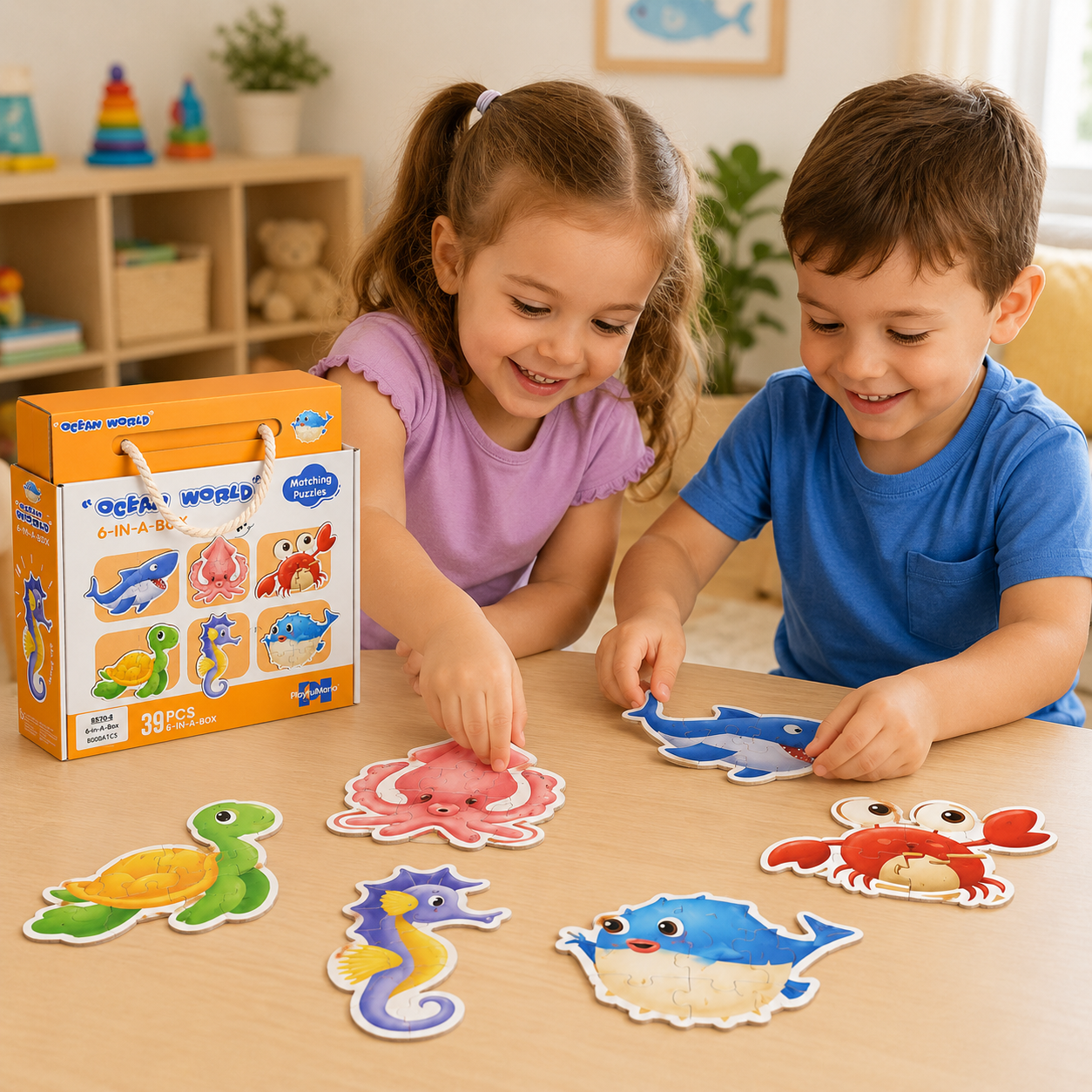 Ocean World 6-in-1 Matching Puzzle Set for Kids – 39-Piece Sea Animal Educational Jigsaw Puzzles in Storage Box - Image 4