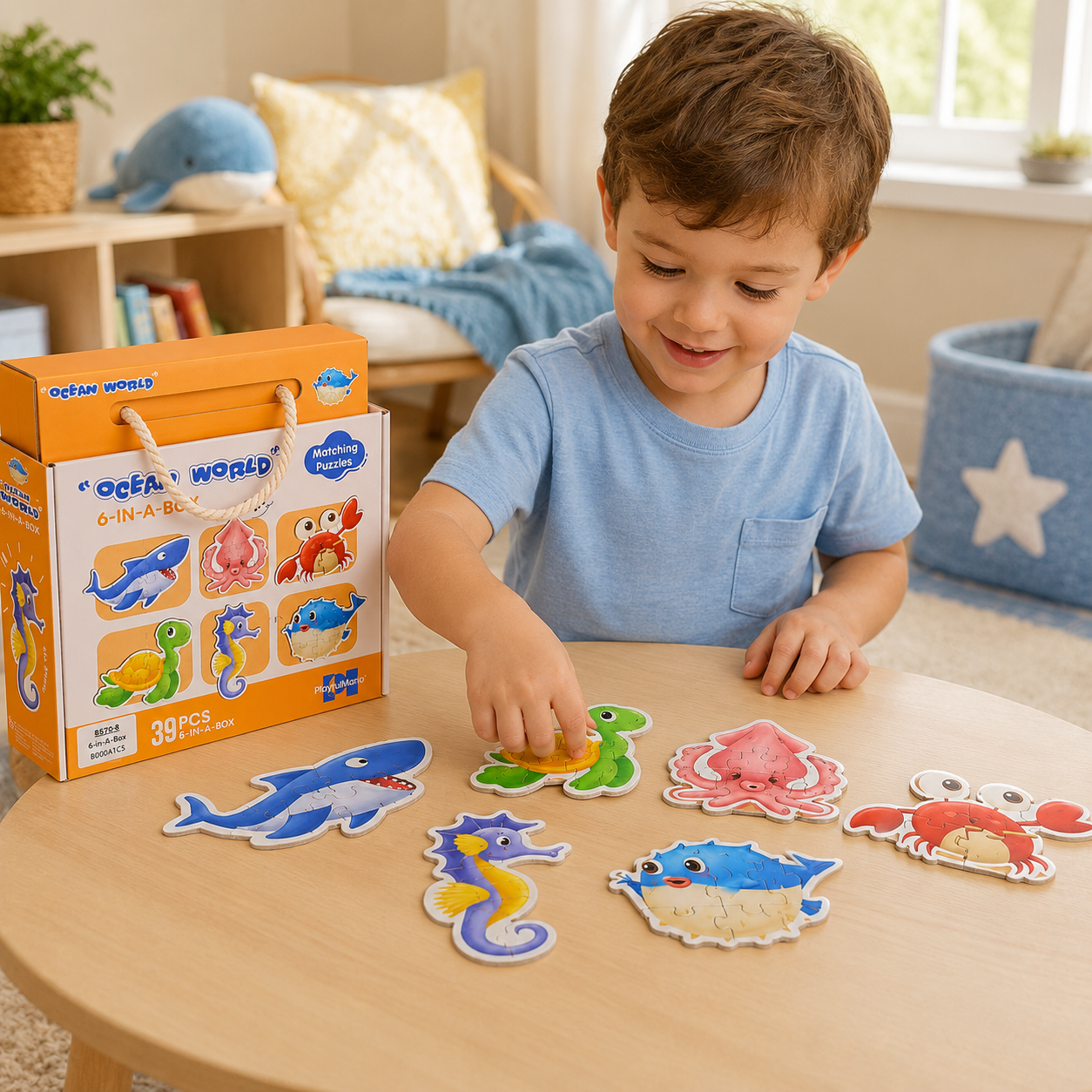 Ocean World 6-in-1 Matching Puzzle Set for Kids – 39-Piece Sea Animal Educational Jigsaw Puzzles in Storage Box - Image 3