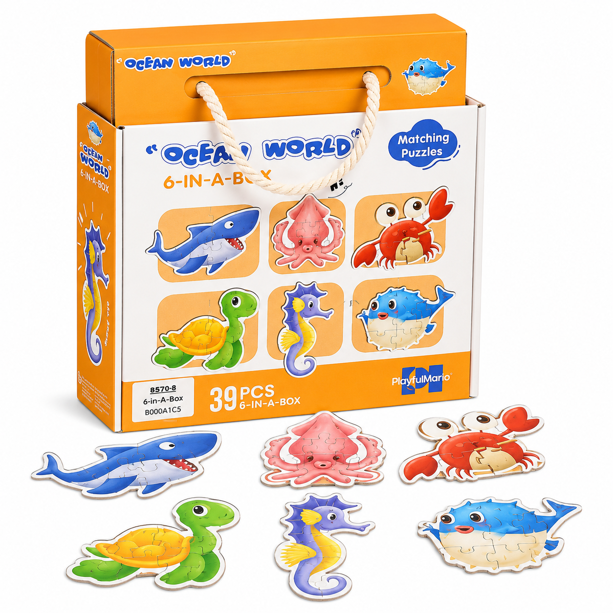 Ocean World 6-in-1 Matching Puzzle Set for Kids – 39-Piece Sea Animal Educational Jigsaw Puzzles in Storage Box - Image 2