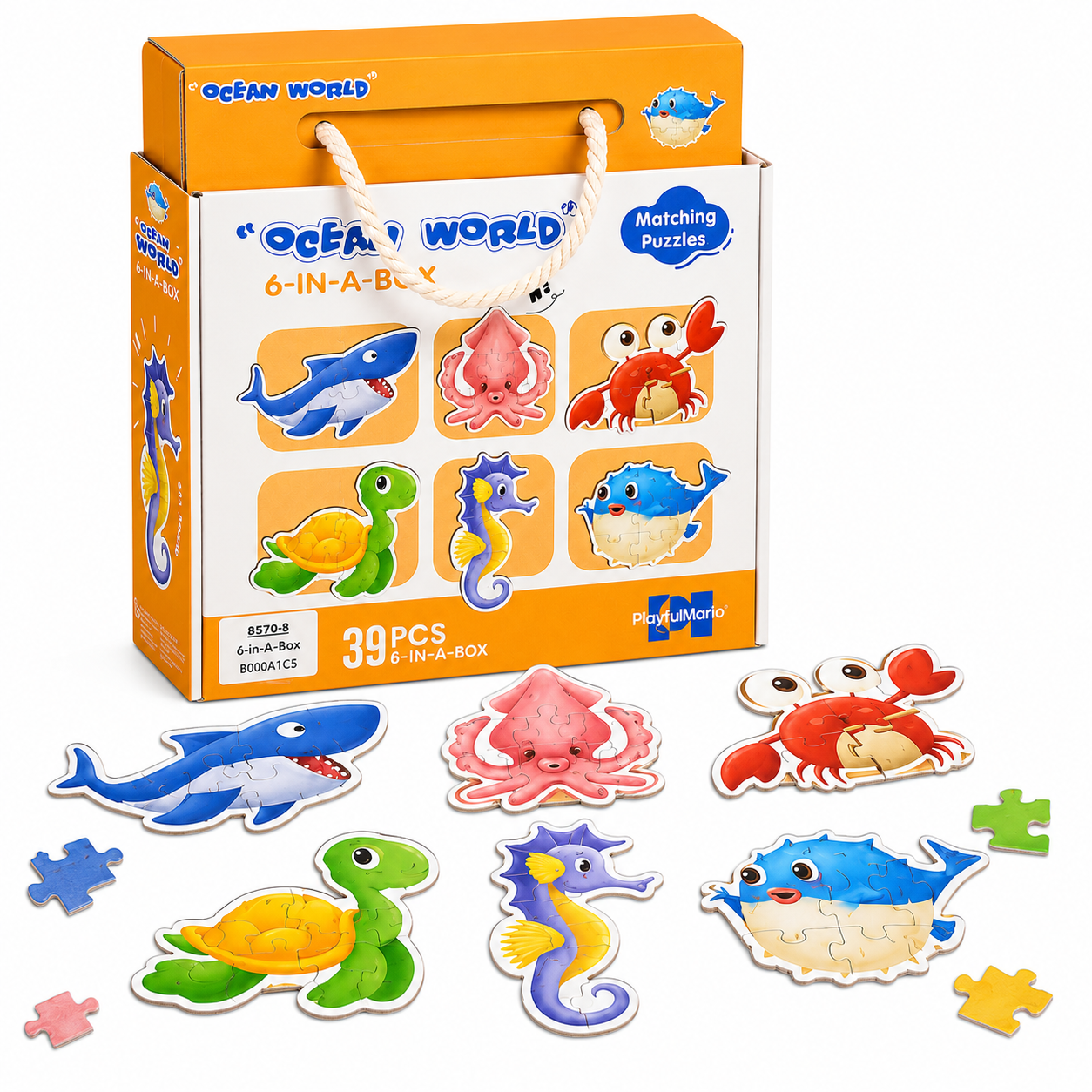 Ocean World 6-in-1 Matching Puzzle Set for Kids – 39-Piece Sea Animal Educational Jigsaw Puzzles in Storage Box
