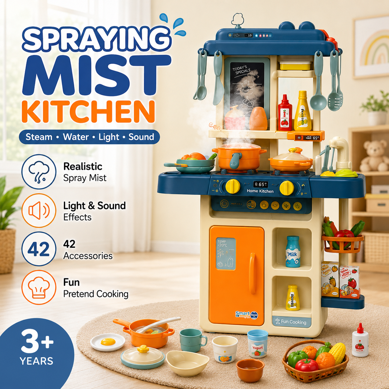 42-Piece Kids Spraying Mist Kitchen Playset with Steam, Lights, Sounds, Sink & Cooking Accessories - Image 7