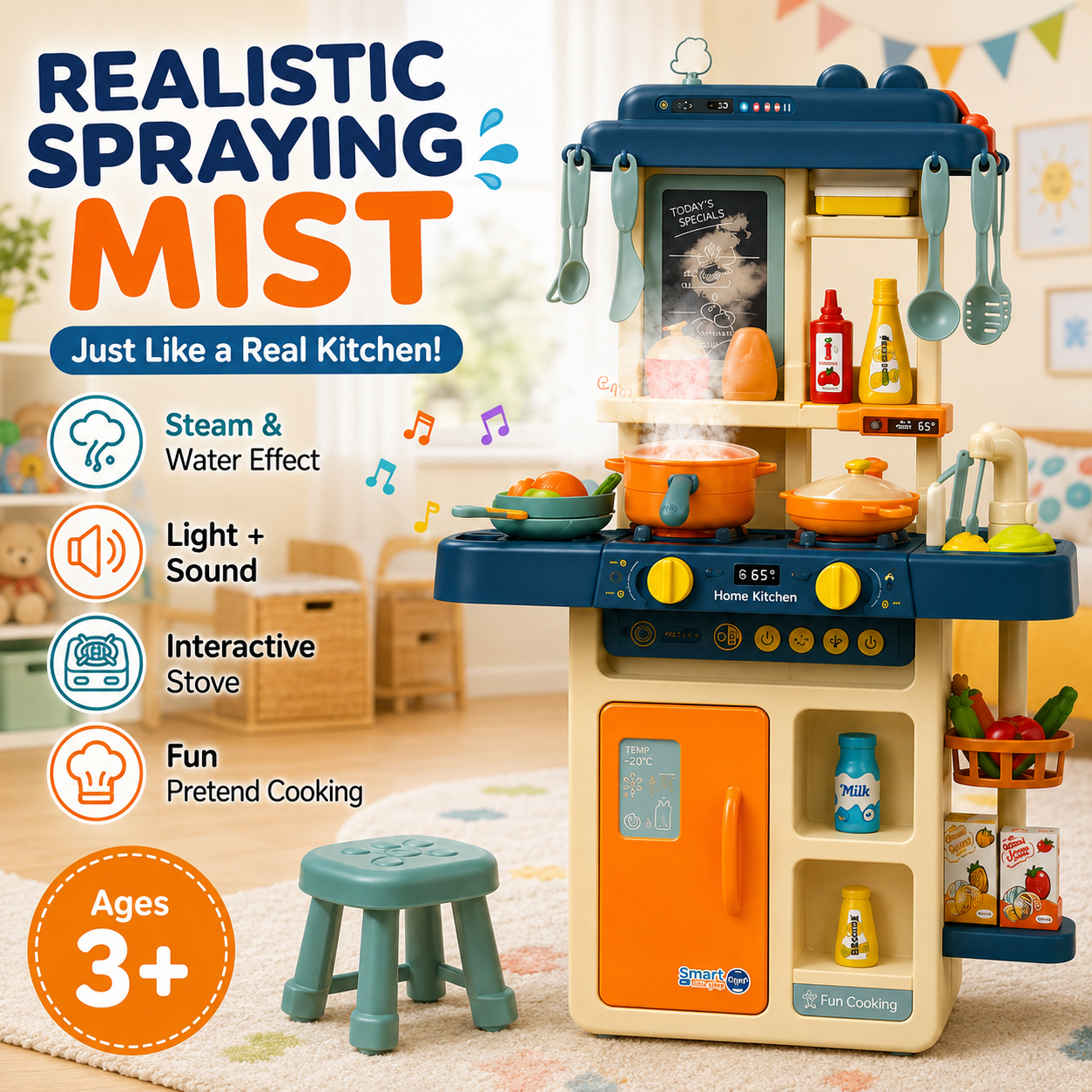 42-Piece Kids Spraying Mist Kitchen Playset with Steam, Lights, Sounds, Sink & Cooking Accessories - Image 8