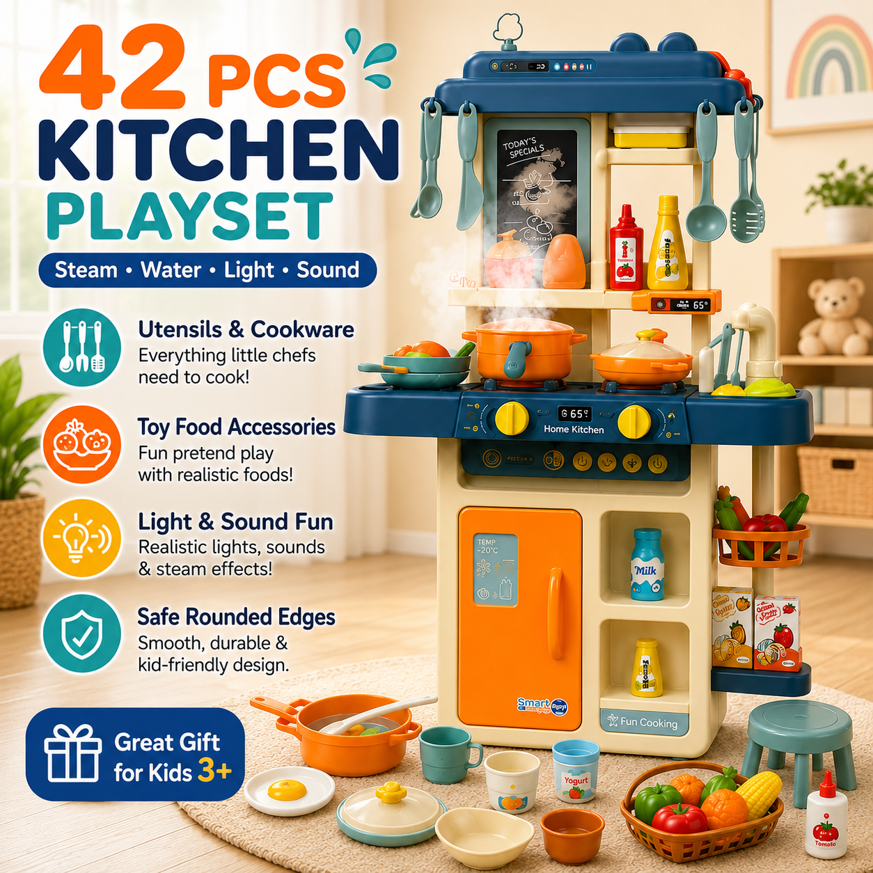 42-Piece Kids Spraying Mist Kitchen Playset with Steam, Lights, Sounds, Sink & Cooking Accessories - Image 9