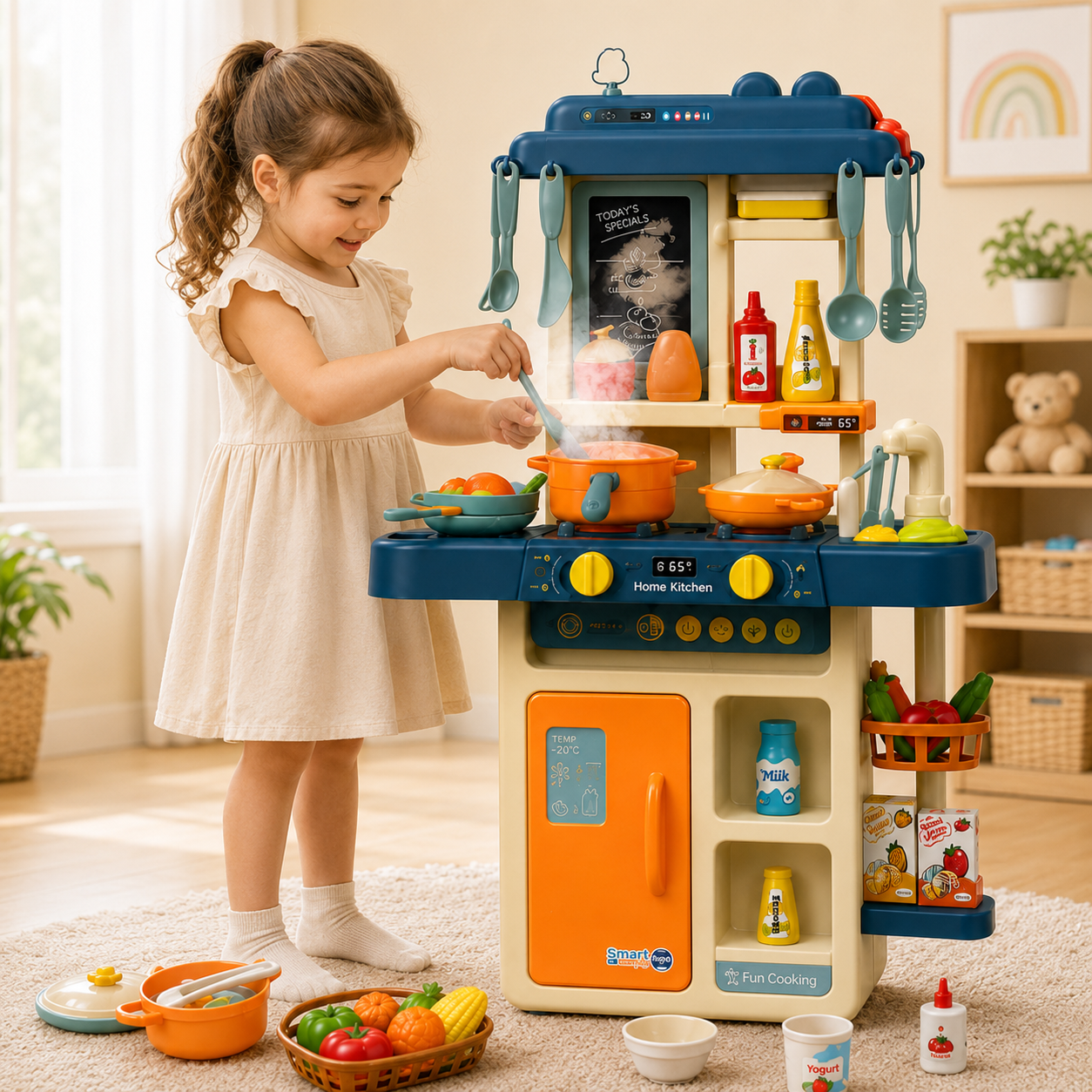 42-Piece Kids Spraying Mist Kitchen Playset with Steam, Lights, Sounds, Sink & Cooking Accessories - Image 5