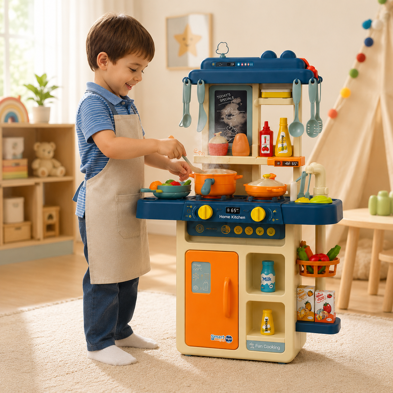 42-Piece Kids Spraying Mist Kitchen Playset with Steam, Lights, Sounds, Sink & Cooking Accessories - Image 6