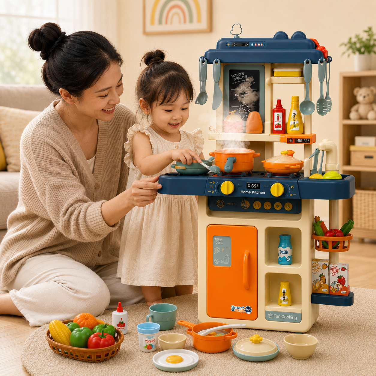 42-Piece Kids Spraying Mist Kitchen Playset with Steam, Lights, Sounds, Sink & Cooking Accessories - Image 4