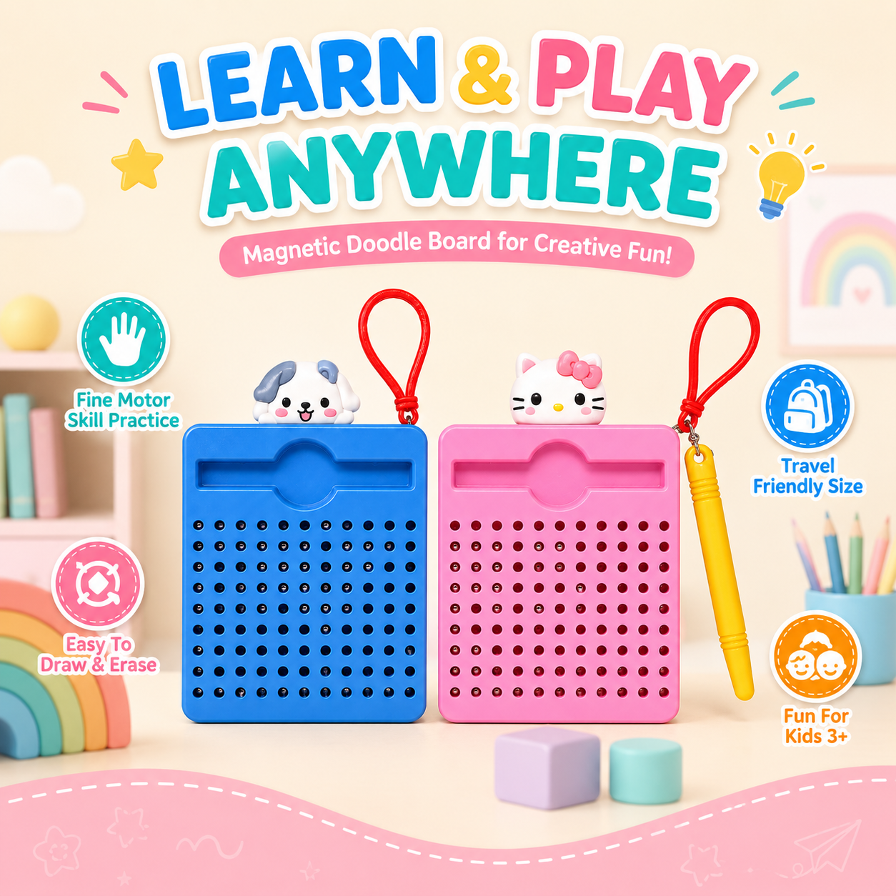 Mini Magnetic Bead Drawing Board with Stylus & Keychain – Pocket Sensory Writing Toy for Kids - Image 6