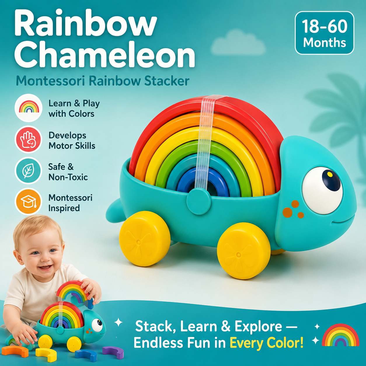 Hola Rainbow Chameleon Pull-Along Toy with Montessori Stacking Arches – Educational Toddler Toy 18–60 Months - Image 7