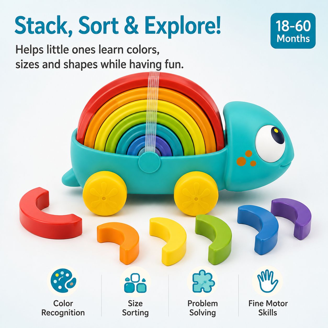 Hola Rainbow Chameleon Pull-Along Toy with Montessori Stacking Arches – Educational Toddler Toy 18–60 Months - Image 6