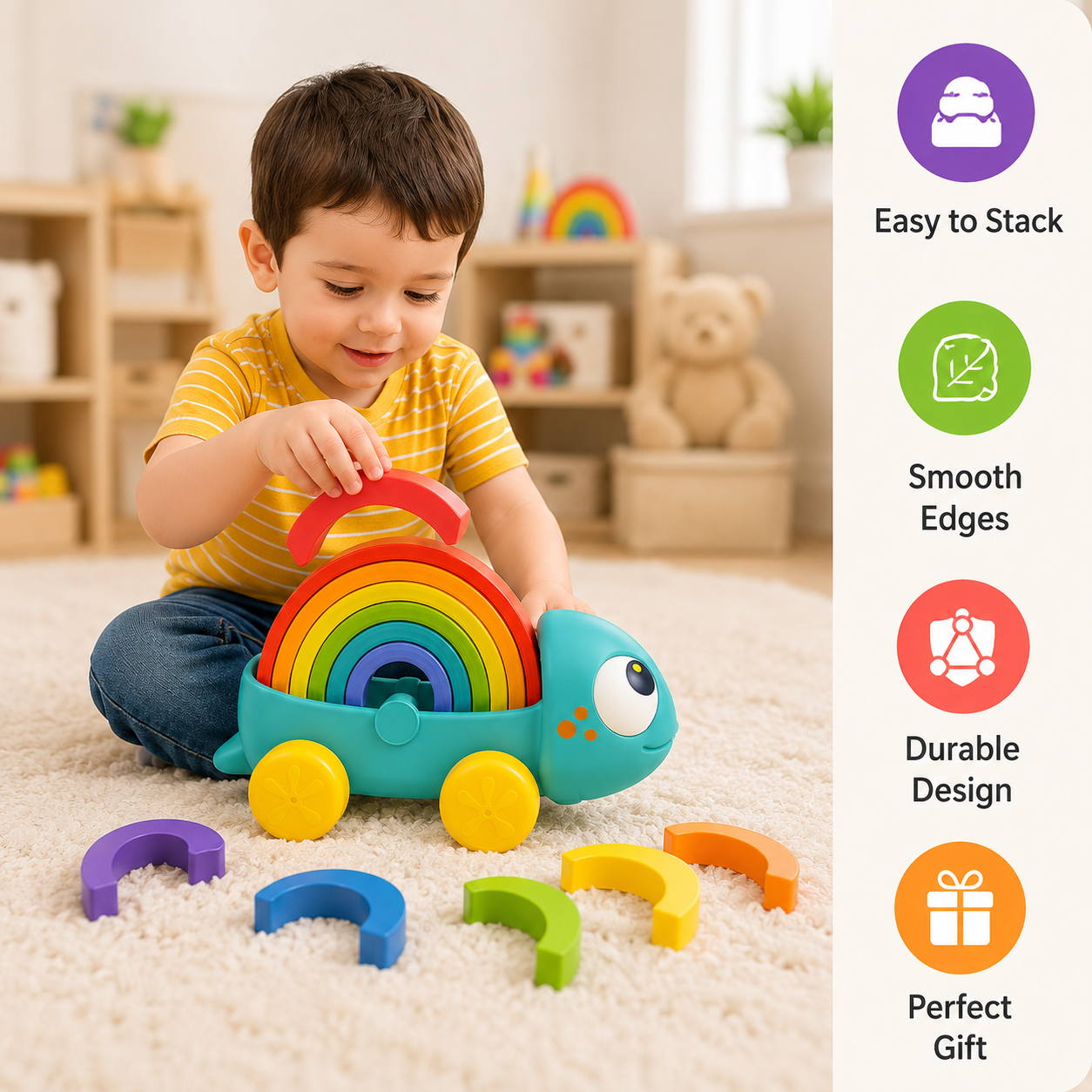 Hola Rainbow Chameleon Pull-Along Toy with Montessori Stacking Arches – Educational Toddler Toy 18–60 Months - Image 5