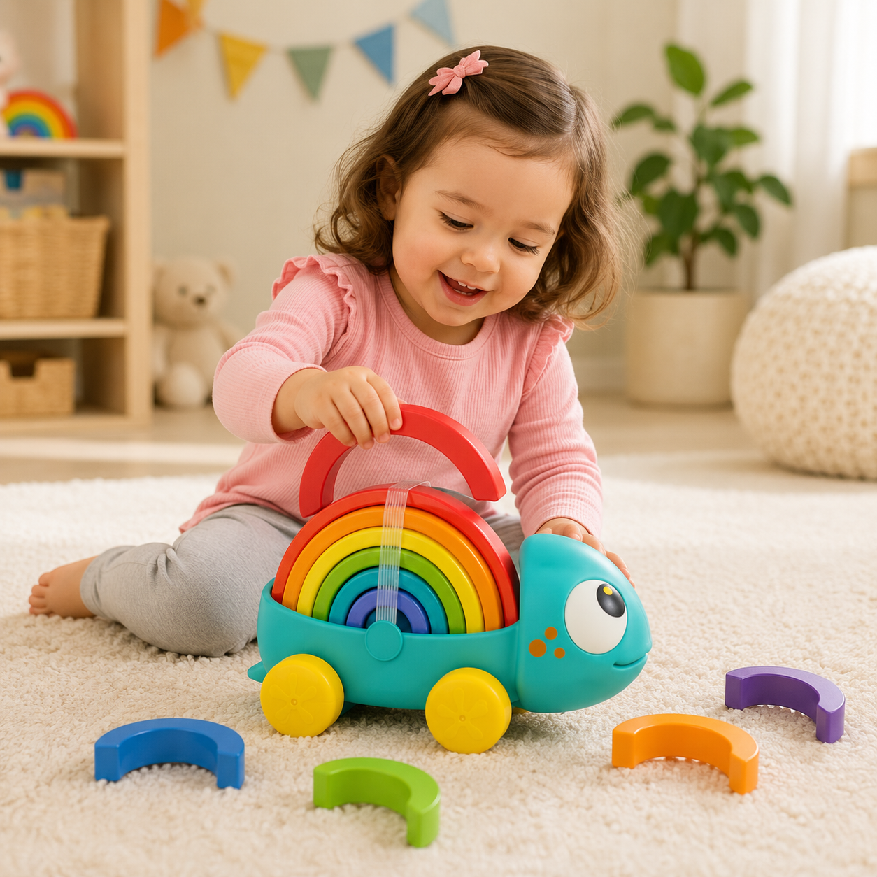 Hola Rainbow Chameleon Pull-Along Toy with Montessori Stacking Arches – Educational Toddler Toy 18–60 Months - Image 3