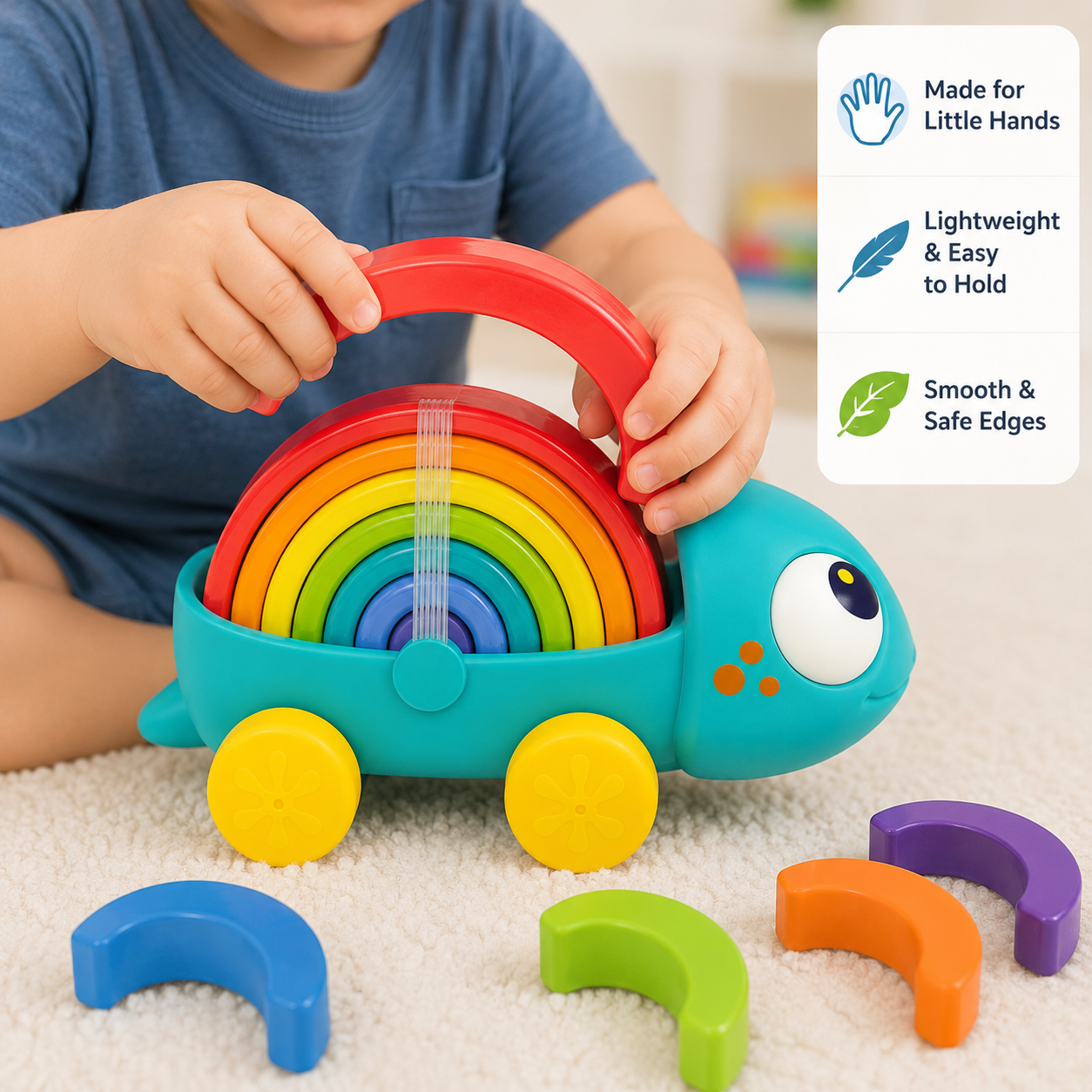 Hola Rainbow Chameleon Pull-Along Toy with Montessori Stacking Arches – Educational Toddler Toy 18–60 Months - Image 4
