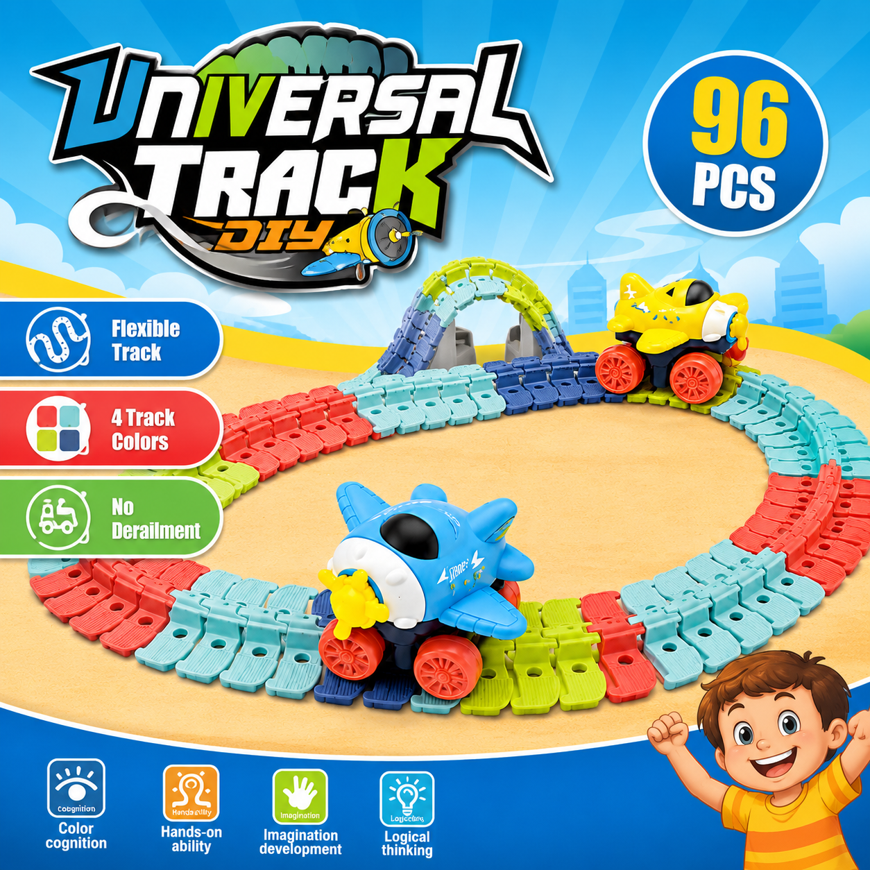 96-Piece Flexible Race Track Set with Light-Up Airplane Cars – DIY Bendable Track Toy for Kids - Image 6