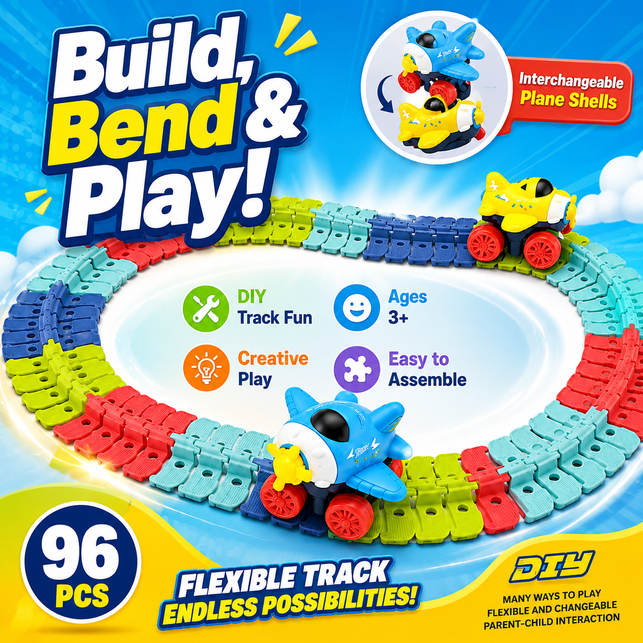 96-Piece Flexible Race Track Set with Light-Up Airplane Cars – DIY Bendable Track Toy for Kids - Image 7