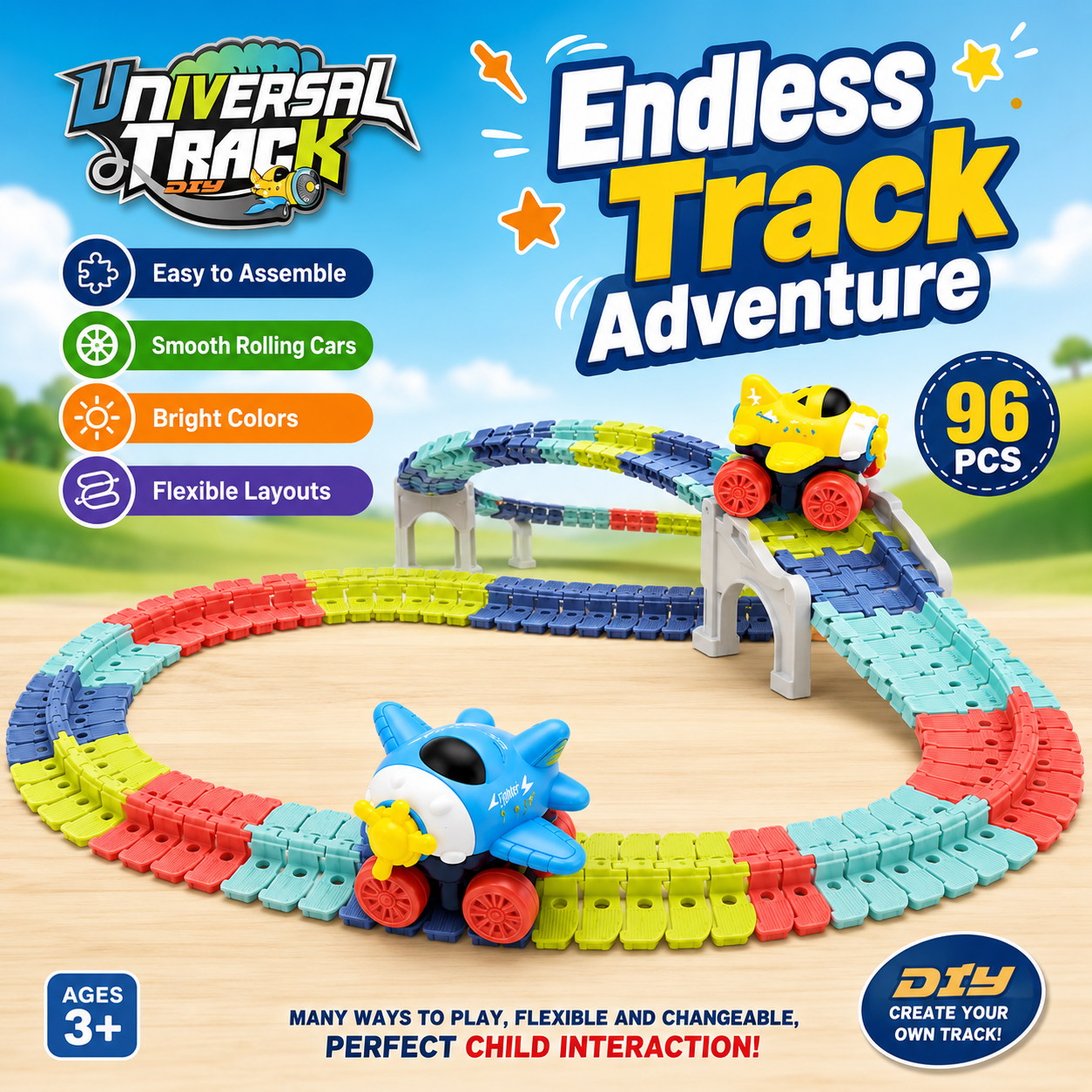 96-Piece Flexible Race Track Set with Light-Up Airplane Cars – DIY Bendable Track Toy for Kids - Image 8