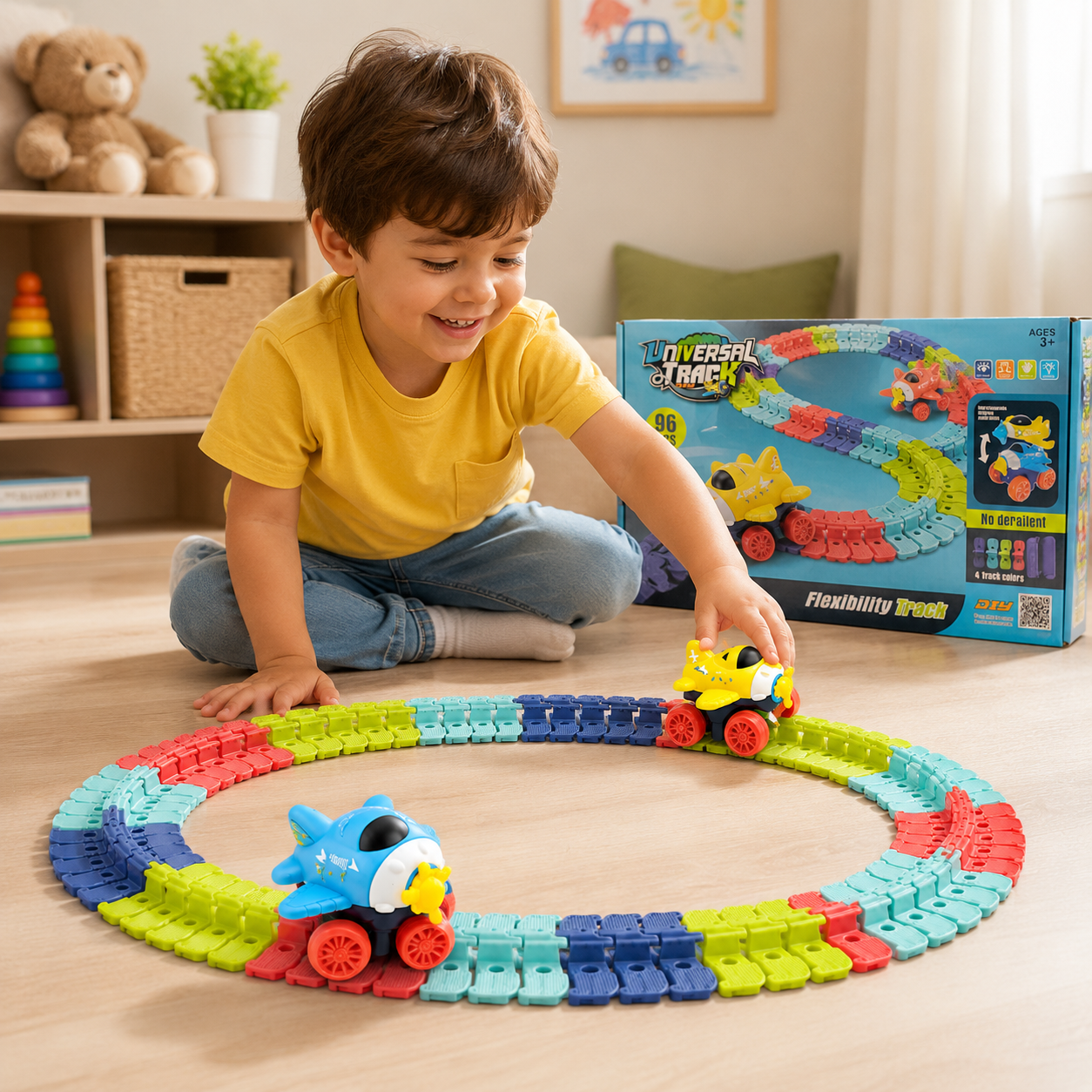 96-Piece Flexible Race Track Set with Light-Up Airplane Cars – DIY Bendable Track Toy for Kids - Image 9