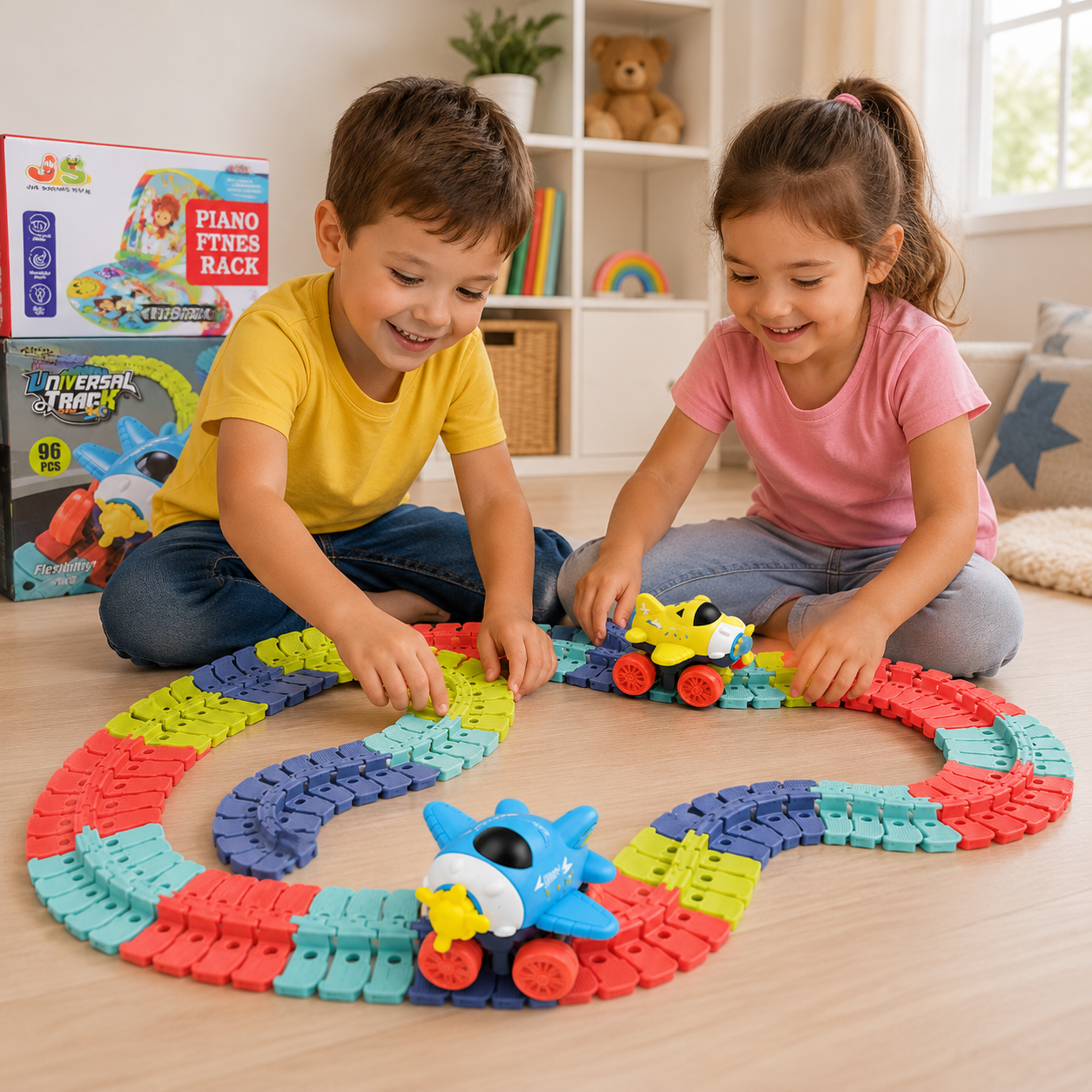 96-Piece Flexible Race Track Set with Light-Up Airplane Cars – DIY Bendable Track Toy for Kids - Image 5