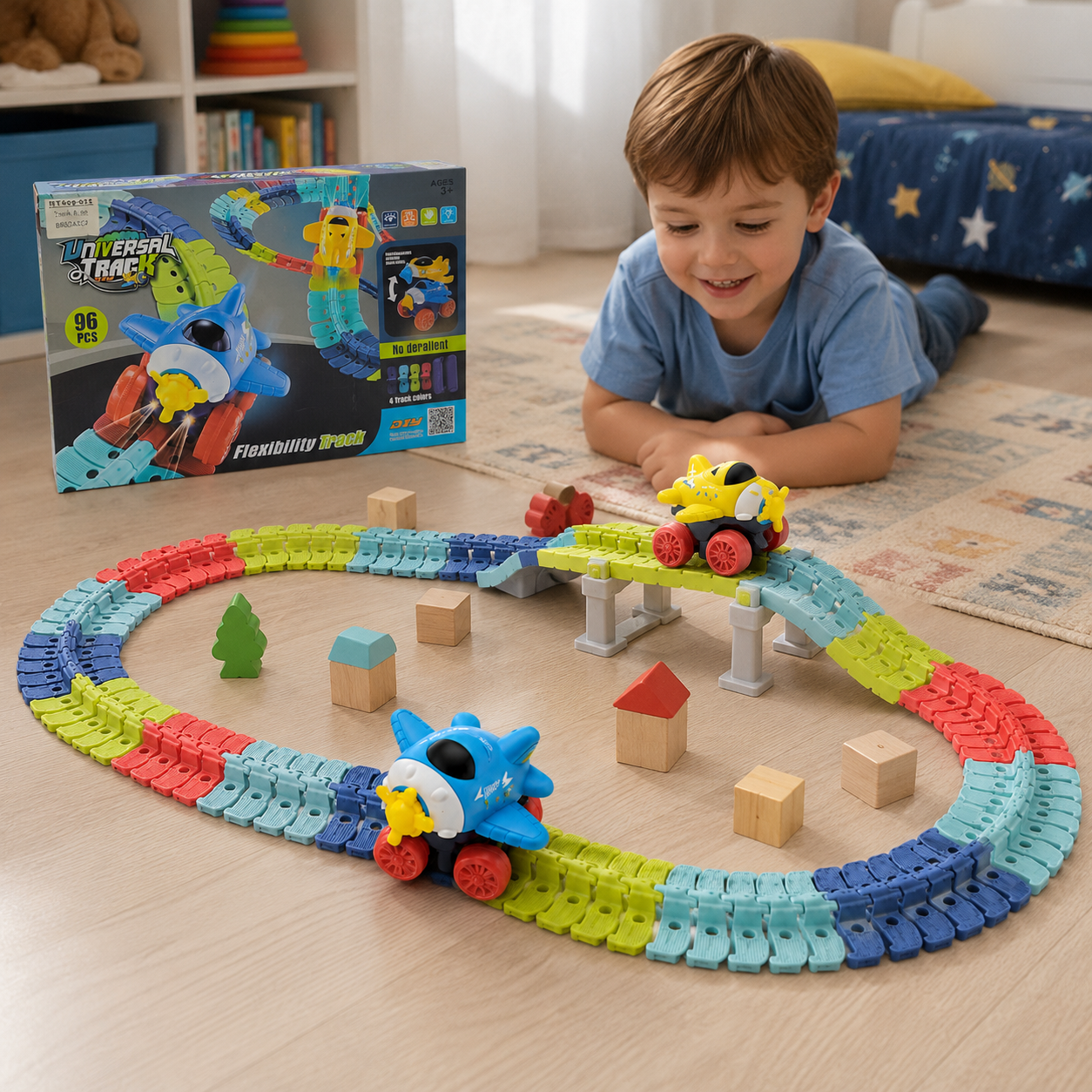 96-Piece Flexible Race Track Set with Light-Up Airplane Cars – DIY Bendable Track Toy for Kids - Image 4