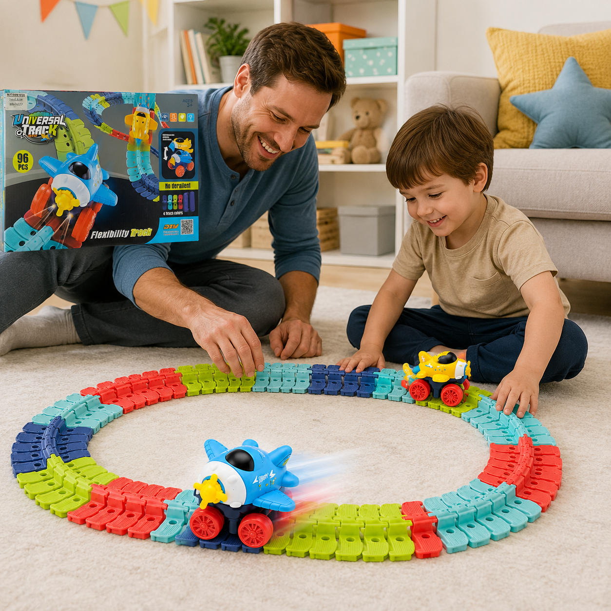96-Piece Flexible Race Track Set with Light-Up Airplane Cars – DIY Bendable Track Toy for Kids - Image 3
