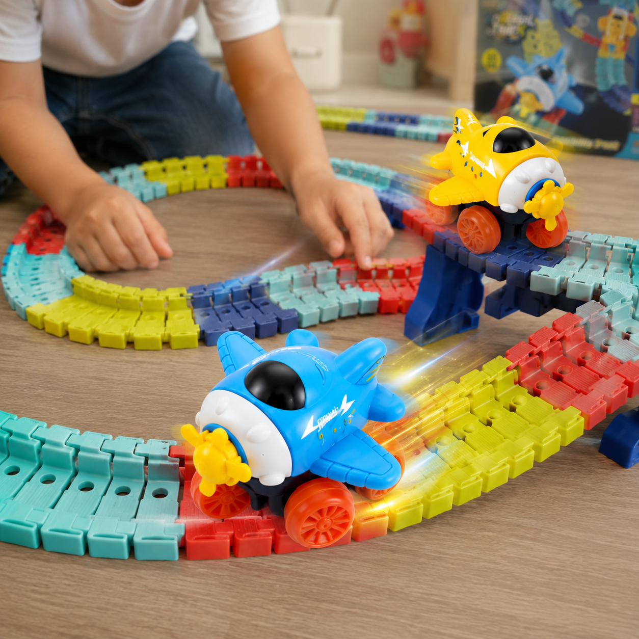 96-Piece Flexible Race Track Set with Light-Up Airplane Cars – DIY Bendable Track Toy for Kids - Image 2