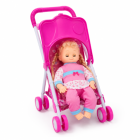 Hello Baby Doll with Pink Folding Stroller – 40 cm Pretend-Play Pram Set for Kids Ages 3+