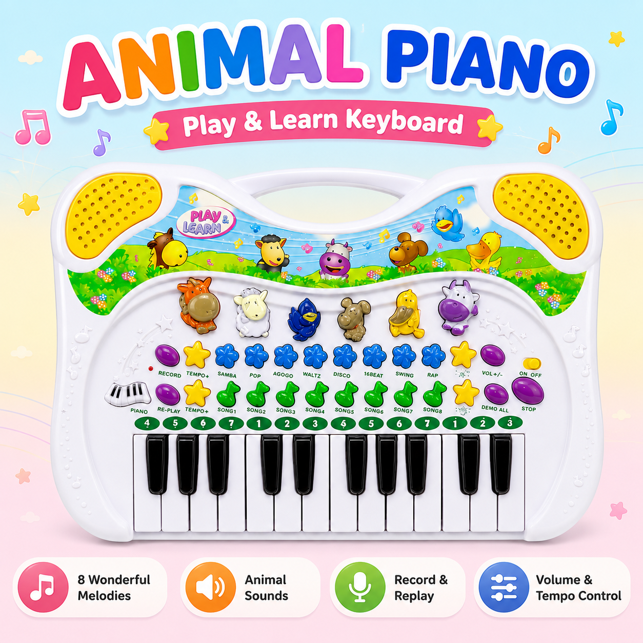 Kids Animal Piano Musical Keyboard with Recording, Learning Modes, Melodies and Animal Sounds – 18 Months+ - Image 7