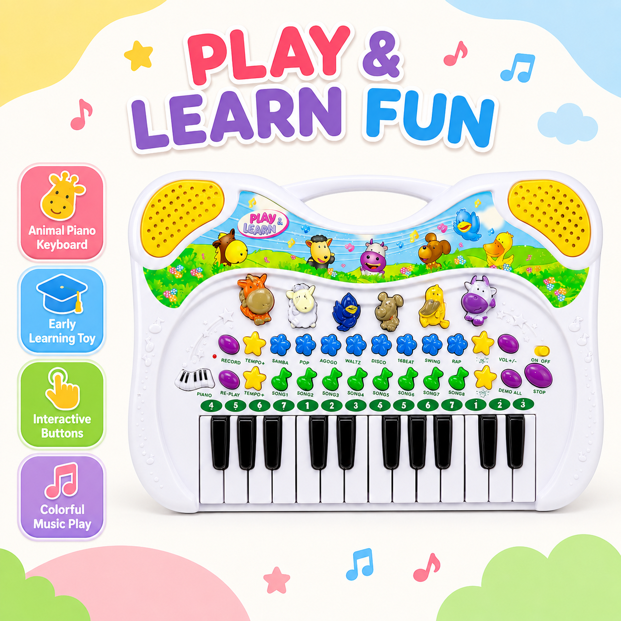 Kids Animal Piano Musical Keyboard with Recording, Learning Modes, Melodies and Animal Sounds – 18 Months+ - Image 5