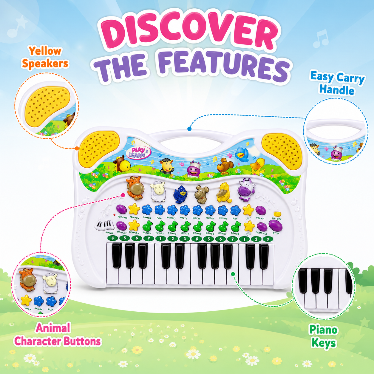 Kids Animal Piano Musical Keyboard with Recording, Learning Modes, Melodies and Animal Sounds – 18 Months+ - Image 6