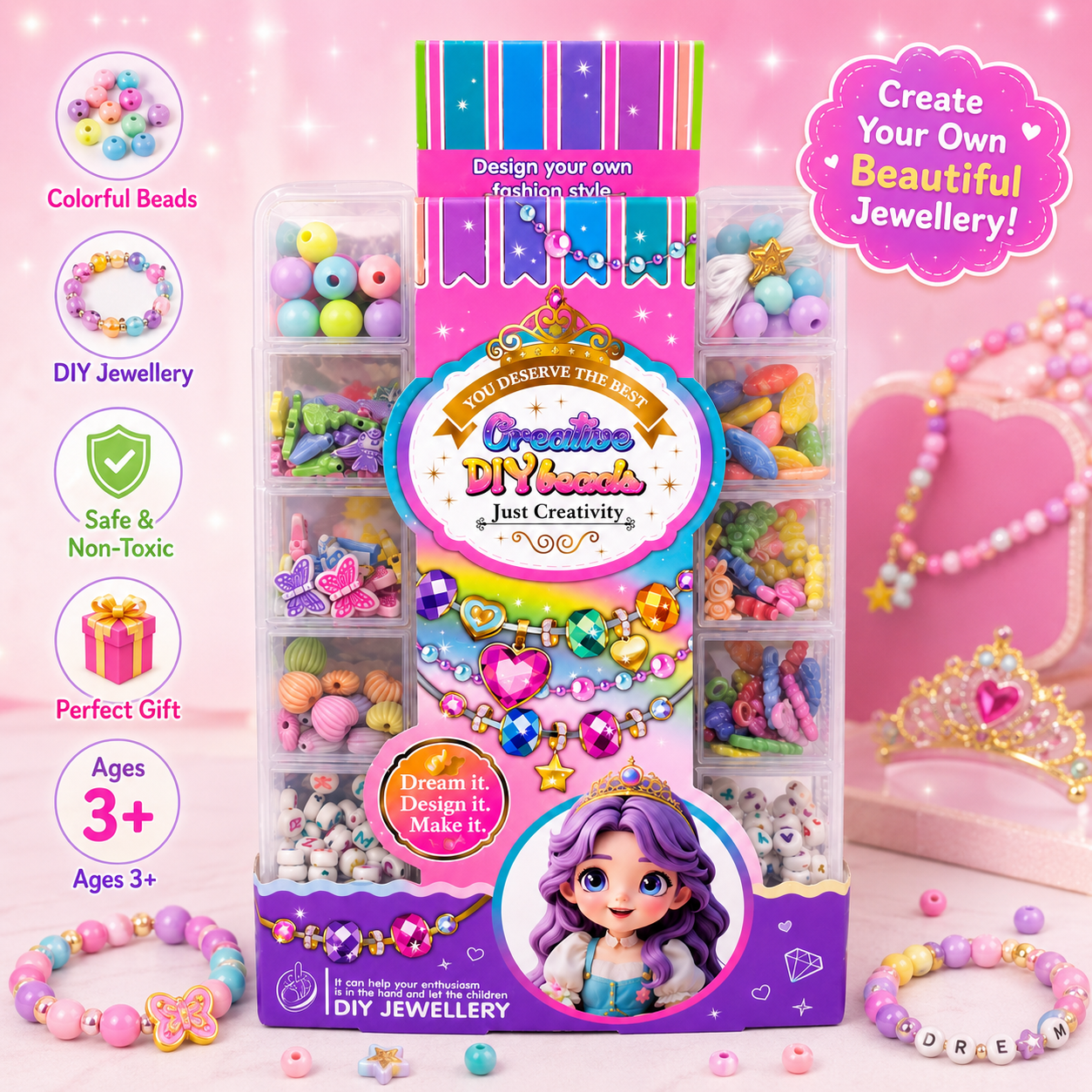 Creative DIY Beads Jewellery-Making Kit for Kids – Bracelet and Necklace Craft Set with Storage Box - Image 2