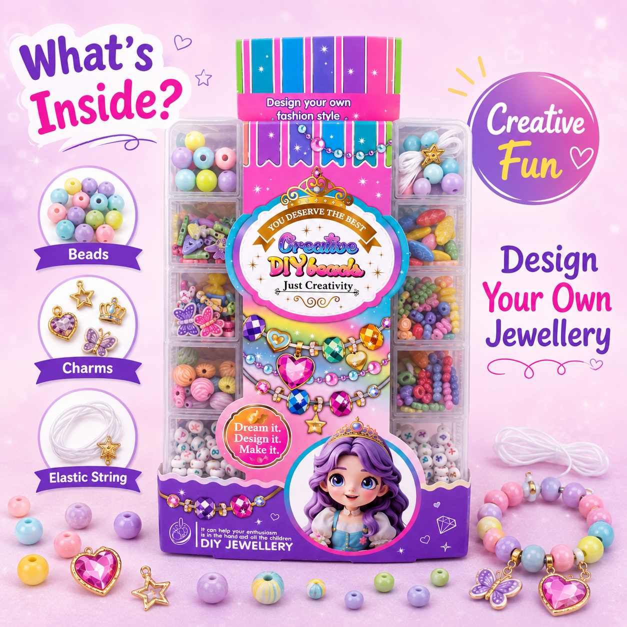 Creative DIY Beads Jewellery-Making Kit for Kids – Bracelet and Necklace Craft Set with Storage Box - Image 3