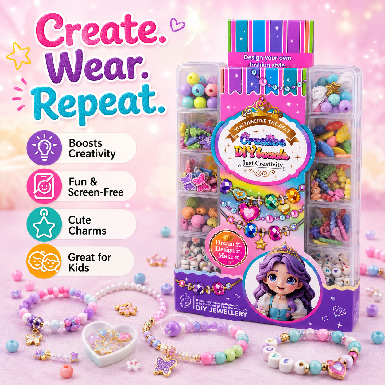 Creative DIY Beads Jewellery-Making Kit for Kids – Bracelet and Necklace Craft Set with Storage Box - Image 5