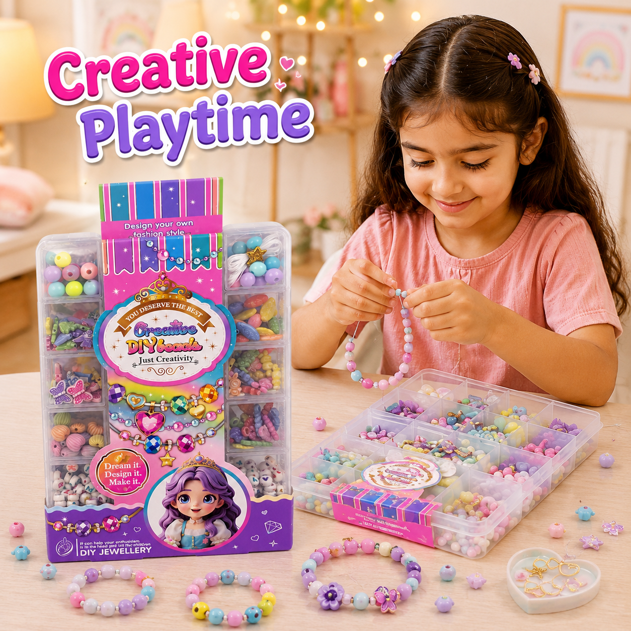 Creative DIY Beads Jewellery-Making Kit for Kids – Bracelet and Necklace Craft Set with Storage Box - Image 4