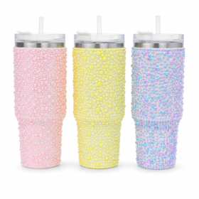 Pearl Beaded Tumbler with Lid & Straw – Pastel Reusable Travel Cup