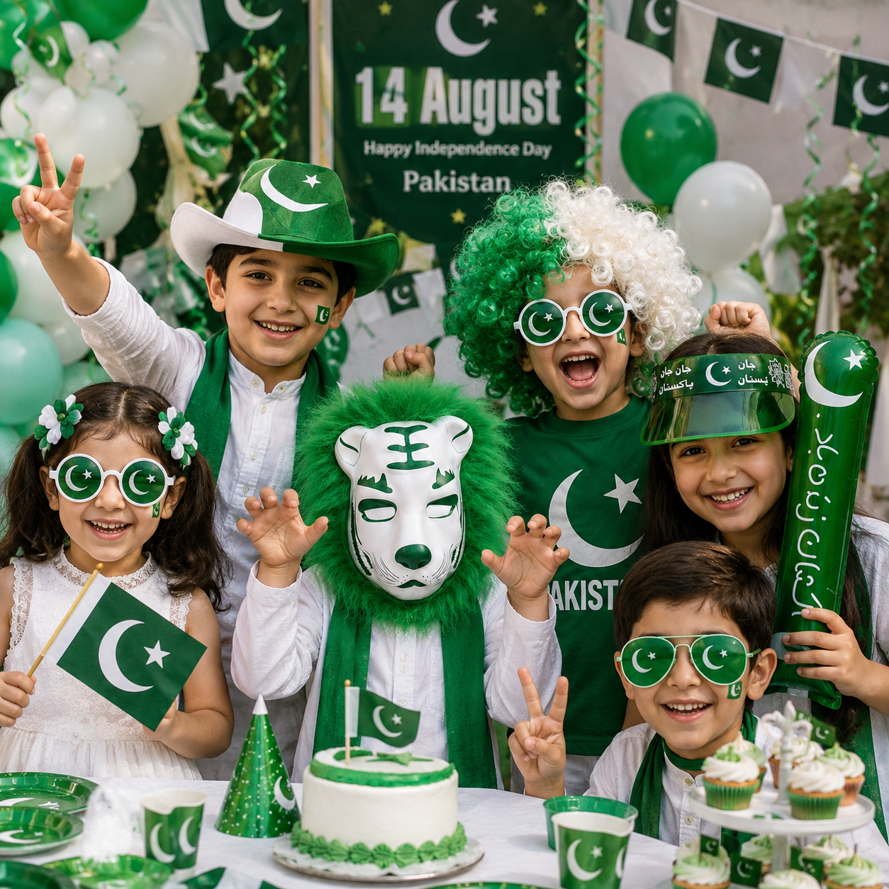 14 August Pakistan Independence Day Kids Gift Pack – Green & White Jashan-e-Azadi Party Accessories Set with Cap, Glasses, Hair Clips, Mask, Wig & Inflatable Cheer Stick - Image 5